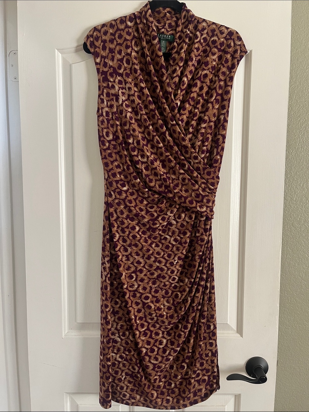 Lauren Ralph Lauren Plum & Tan Animal-Print Draped Sheath Dress